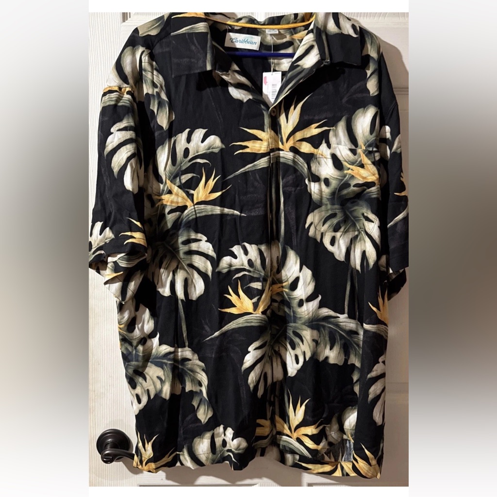 Caribbean Hawaiian Shirt Men 2xb Silk Blend Floral Short Sleeve Button Up Resort